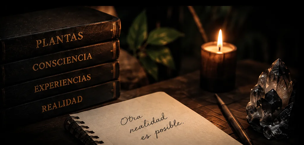 Libros, cuaderno, vela y cristal. Otra realidad es posible.
