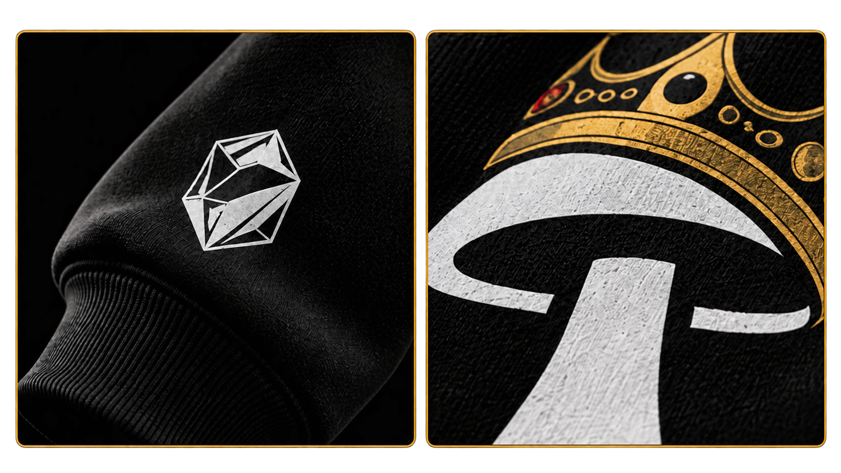 Detalle de la prenda ALQUIMISTA: emblema geométrico en la manga y estampado de hongo coronado.