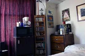 Habitación con cama, cortinas, televisor y estanterías