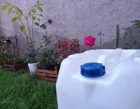 Bidón blanco con tapa azul junto a un jardín