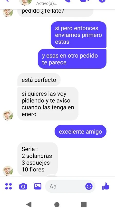 Captura de una conversación sobre el envío de plantas