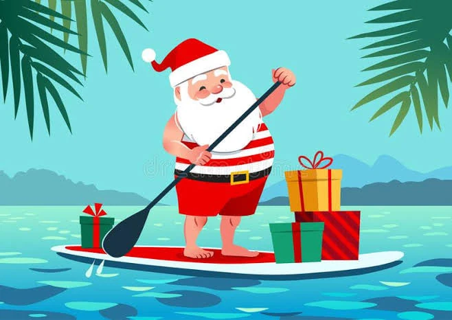 Ilustración de Santa Claus sobre una tabla en el agua